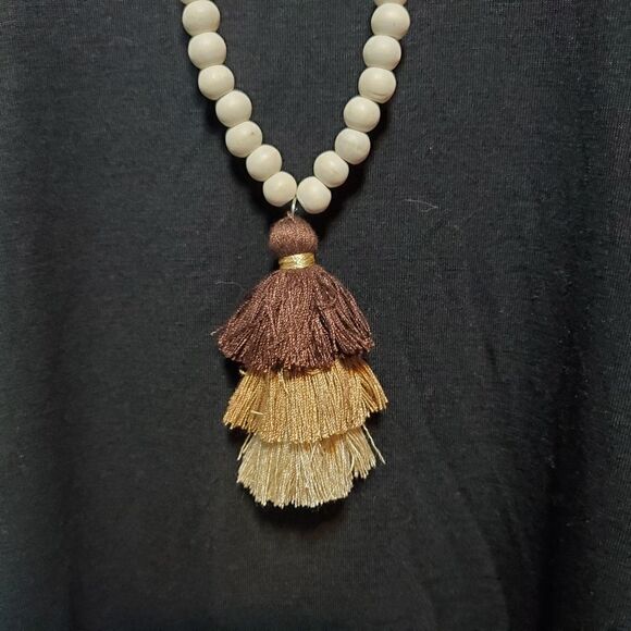 Boho Cream, Brown, & Tan Tassel Necklace - Picture 3 of 4